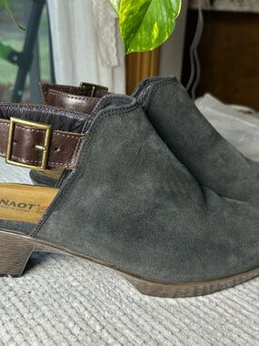 Naot Gray Suede Slingback Mules with Brown Buckle